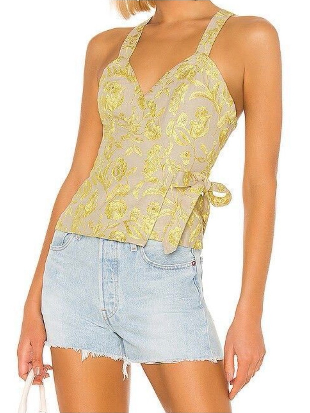 Tularosa Yellow Floral Jacquard Wrap top linen blend embroidered sz S EUC